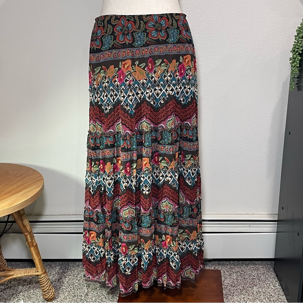 Silky Floral Multi Design Western Boho Pull on Full Skirt Fall Colors Size Small - Picture 2 of 11